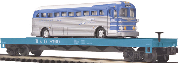 MTH O Gauge Model Trains 20-98161 B&O Flatcar w/Greyhound Die-Cast Bus