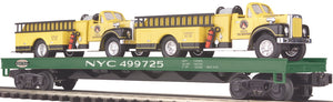 MTH O Gauge Model Trains 20-98164 NYC Flat w/2 Yellow Firetrucks