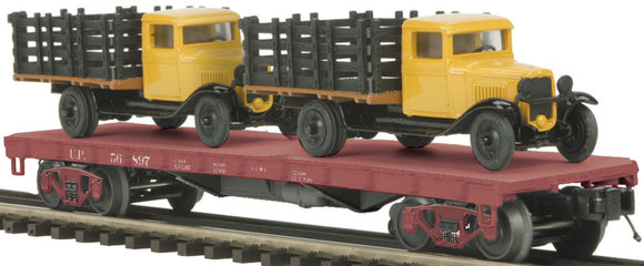 MTH O Gauge Model Trains 20-98450 Union Pacific 50-Ton 41' Wood Flat w/2 '30 Chevy Stake Body Trucks
