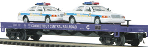 MTH O Gauge Model Trains 20-98519 Connecticut Central Railroad Flat Car with 2 Ford Connecticut Police Cars