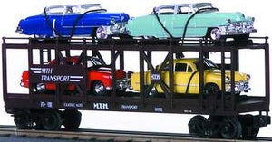 MTH O Gauge Model Trains 30-7628 MTH Auto Transport Auto Carrier w/Ertl '52 Cadillac & '49 Ford Coupe