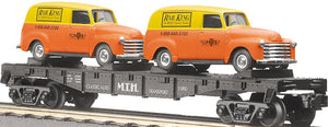 MTH O Gauge Model Trains 30-7681 MTH Auto Transport Flat w/2Ertl '51 Panel Vans